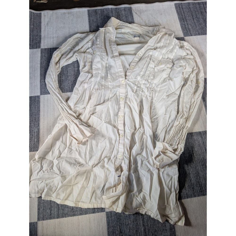 Converse One Star Cream Cotton Pleated Button Up Tunic Top Womens Large